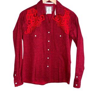 Panhandle Rough Stock Womens Western Shirt Red Embroidery Long Sleeve Pearl Snap